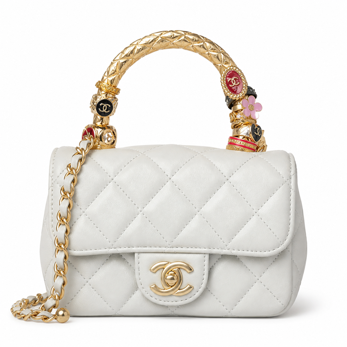 CHANEL White Quilted Lambskin Jewel Ring Top Handle Flap Chain Bag