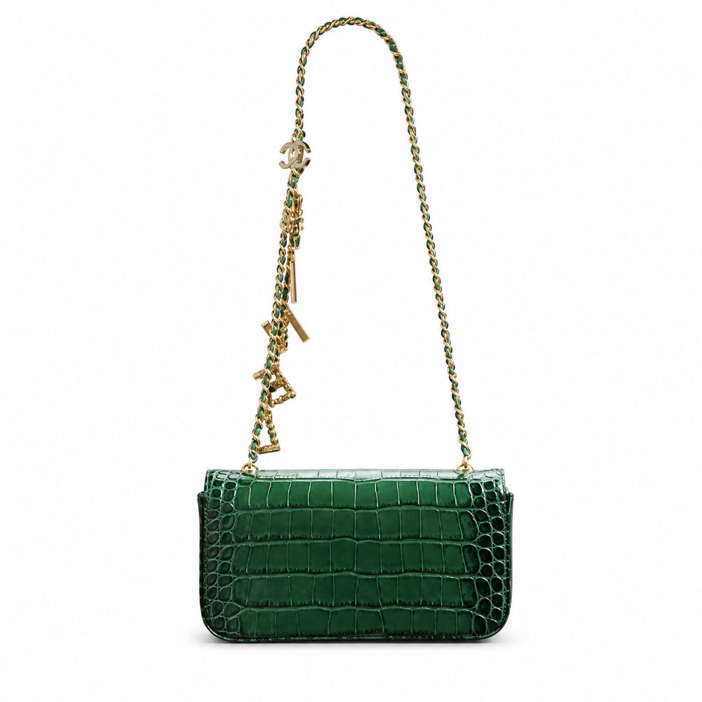 Chanel Emerald Green Croc-Embossed Flap Bag | Jewelled Multi-Stone CC Turn-Lock & Wine Red Interior