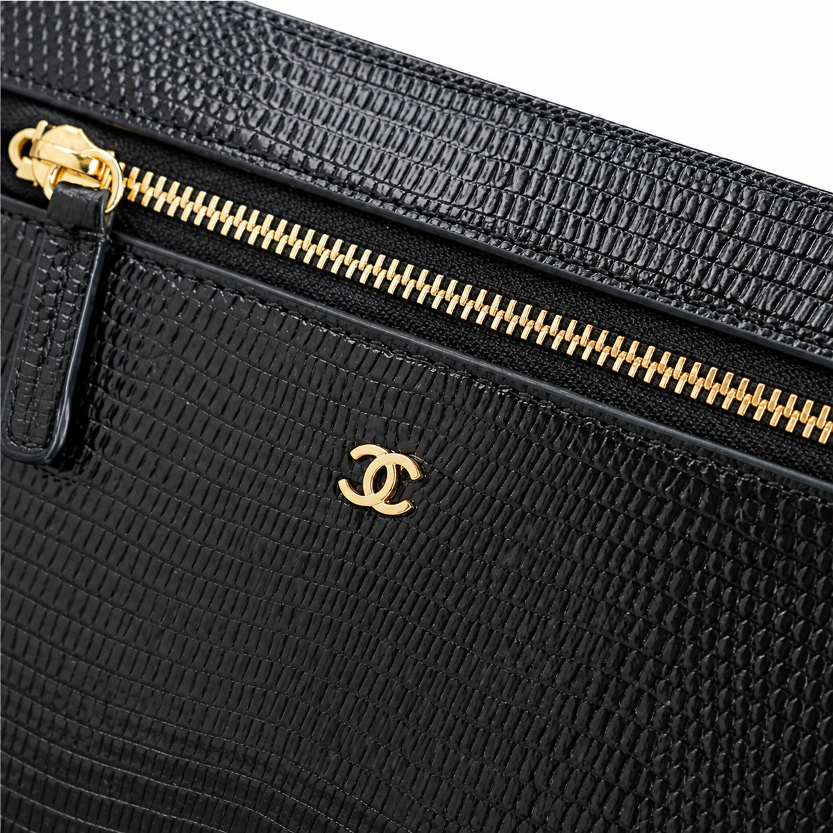 CHANEL Black Lizard-Embossed Leather Vanity Case Dual Zip Top Handle Chain Bag