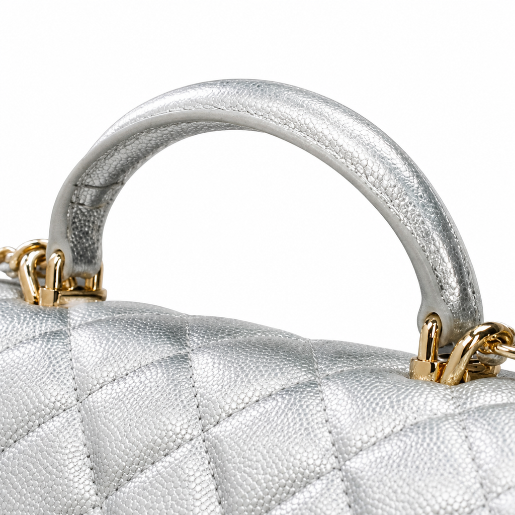CHANEL Silver Metallic Quilted Lambskin Top Handle Mini Flap Chain Bag