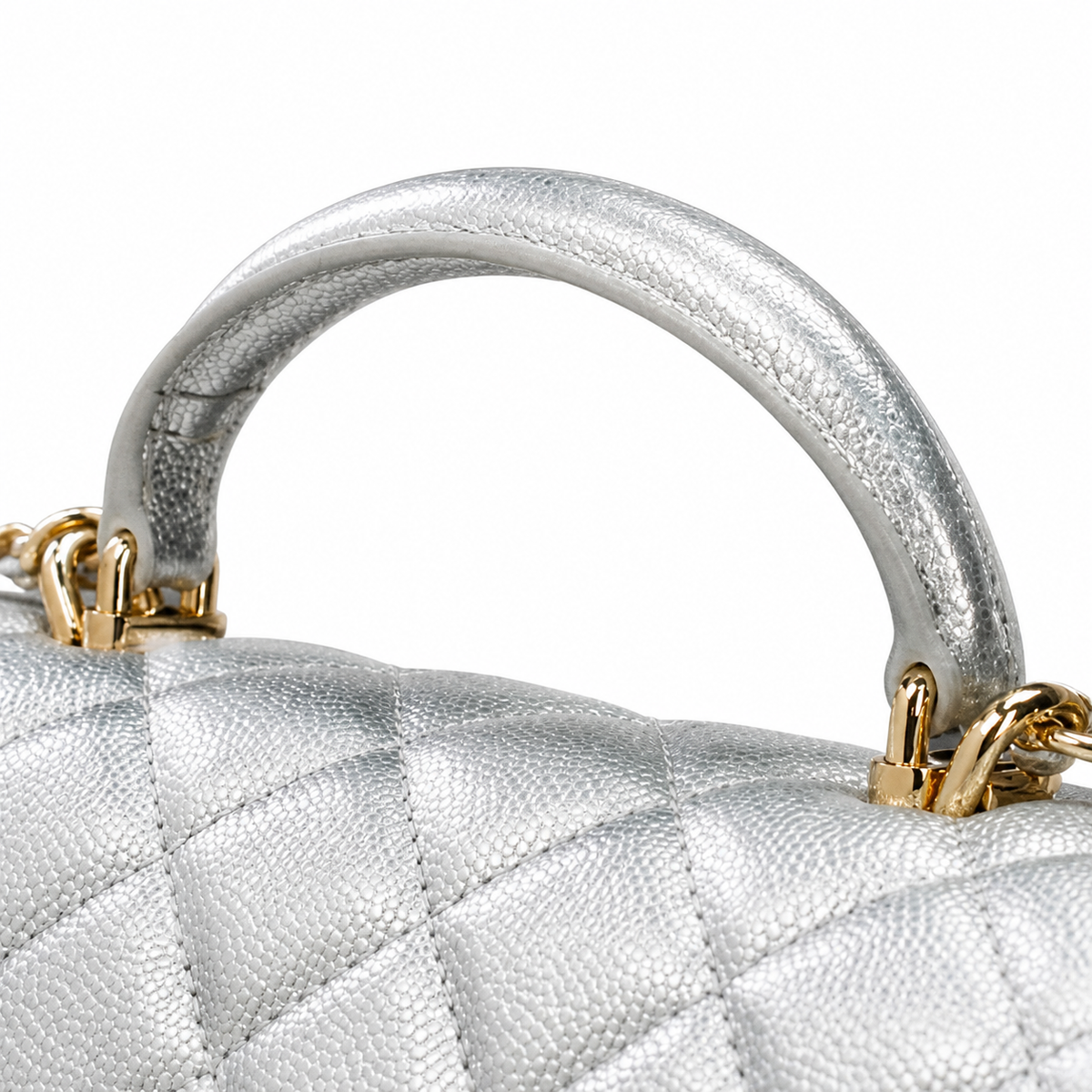 CHANEL Silver Metallic Quilted Lambskin Top Handle Mini Flap Chain Bag