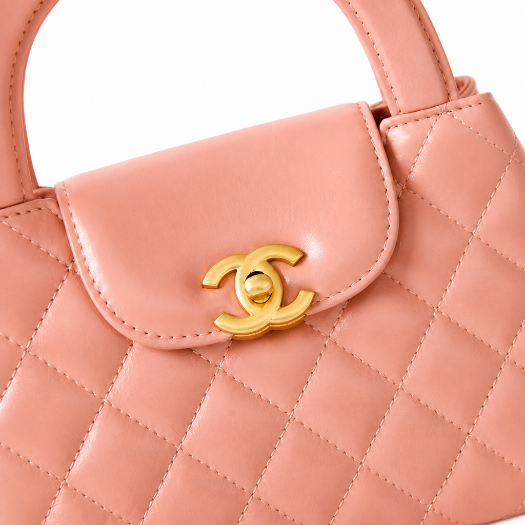 Chanel Blush Pink Quilted Lambskin Mini Coco Handle Bag Aged Gold Chain Made in Italy