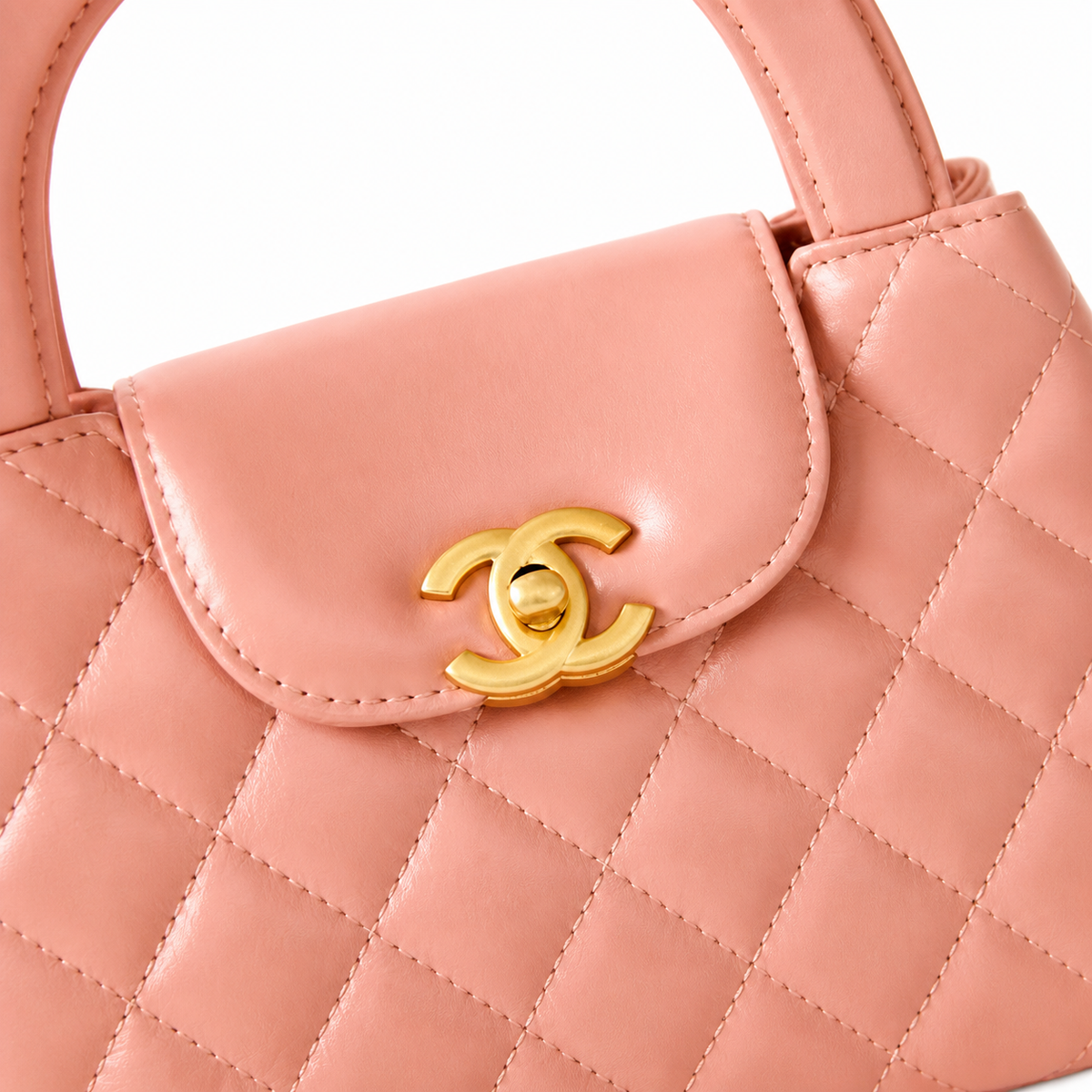 Chanel Blush Pink Quilted Lambskin Mini Coco Handle Bag Aged Gold Chain Made in Italy