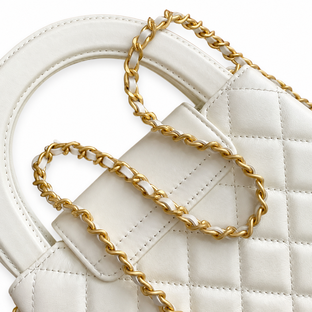 Chanel Off-White Quilted Lambskin Mini Kelly Top Handle Bag Aged Gold CC Chain