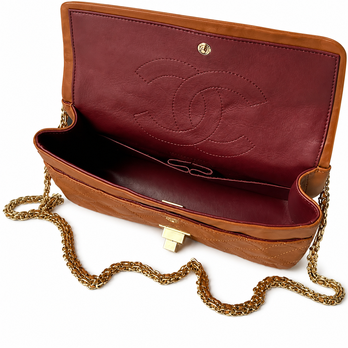 Chanel 2.55 Reissue 227 Cognac Brown Aged Distressed Calfskin Aged Gold Mademoiselle Lock Chain 24cm