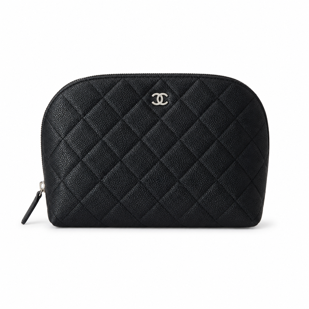 Chanel Black Quilted Caviar Rectangular Toiletry Pouch Gold CC Logo Gold Zipper Burgundy Lining Made in Italy 19cm