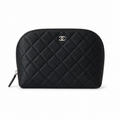 Chanel Black Quilted Caviar Rectangular Toiletry Pouch Gold CC Logo Gold Zipper Burgundy Lining Made in Italy 19cm
