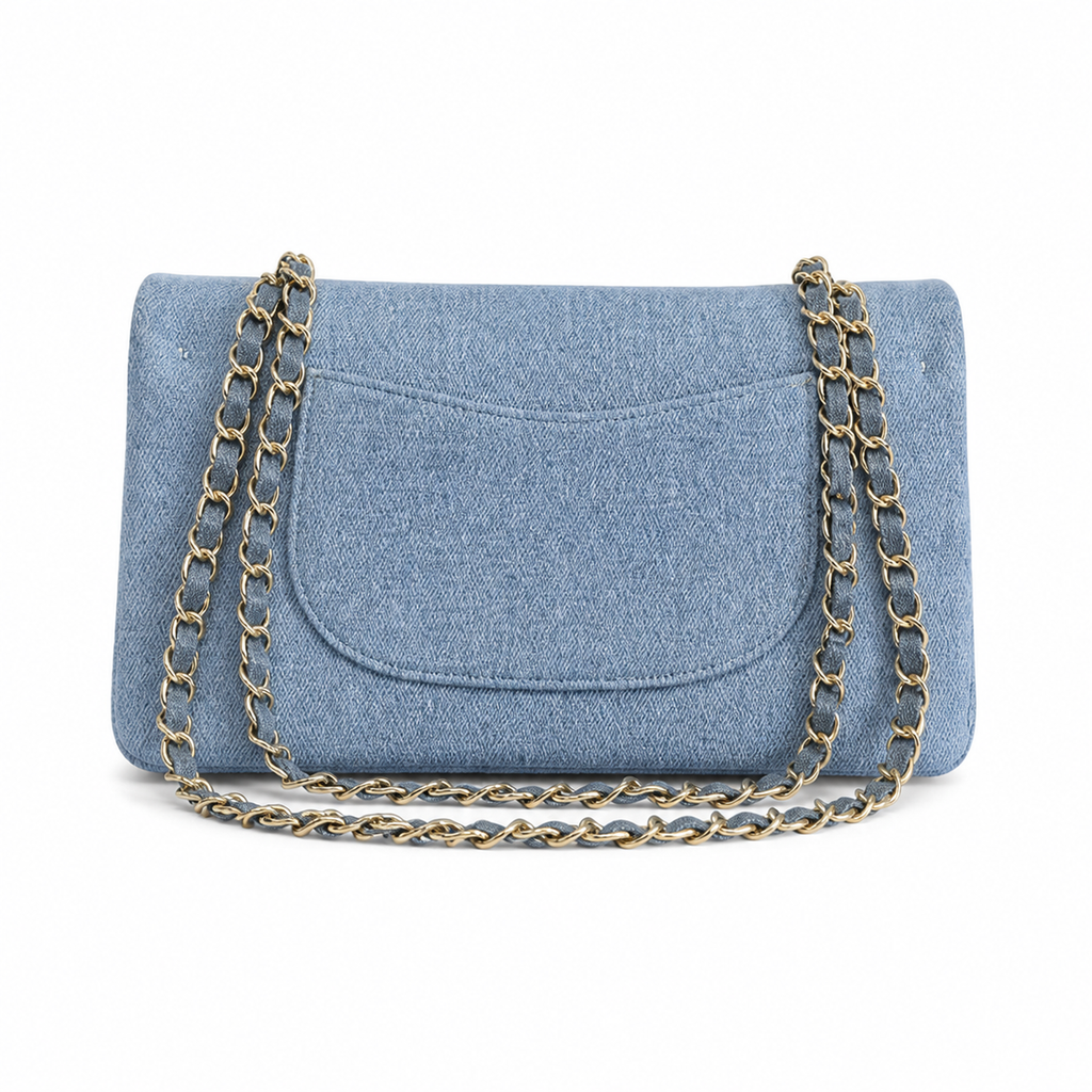 CHANEL Blue Denim Crystal Floral Embroidered Flap Chain Bag