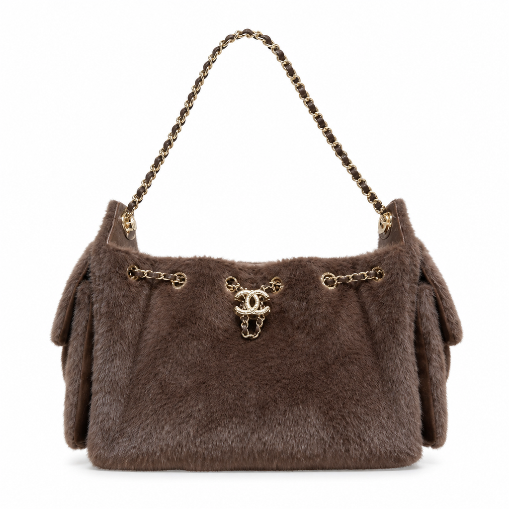 Chanel Brown Faux Fur Drawstring Bucket Bag Gold CC Logo Chain