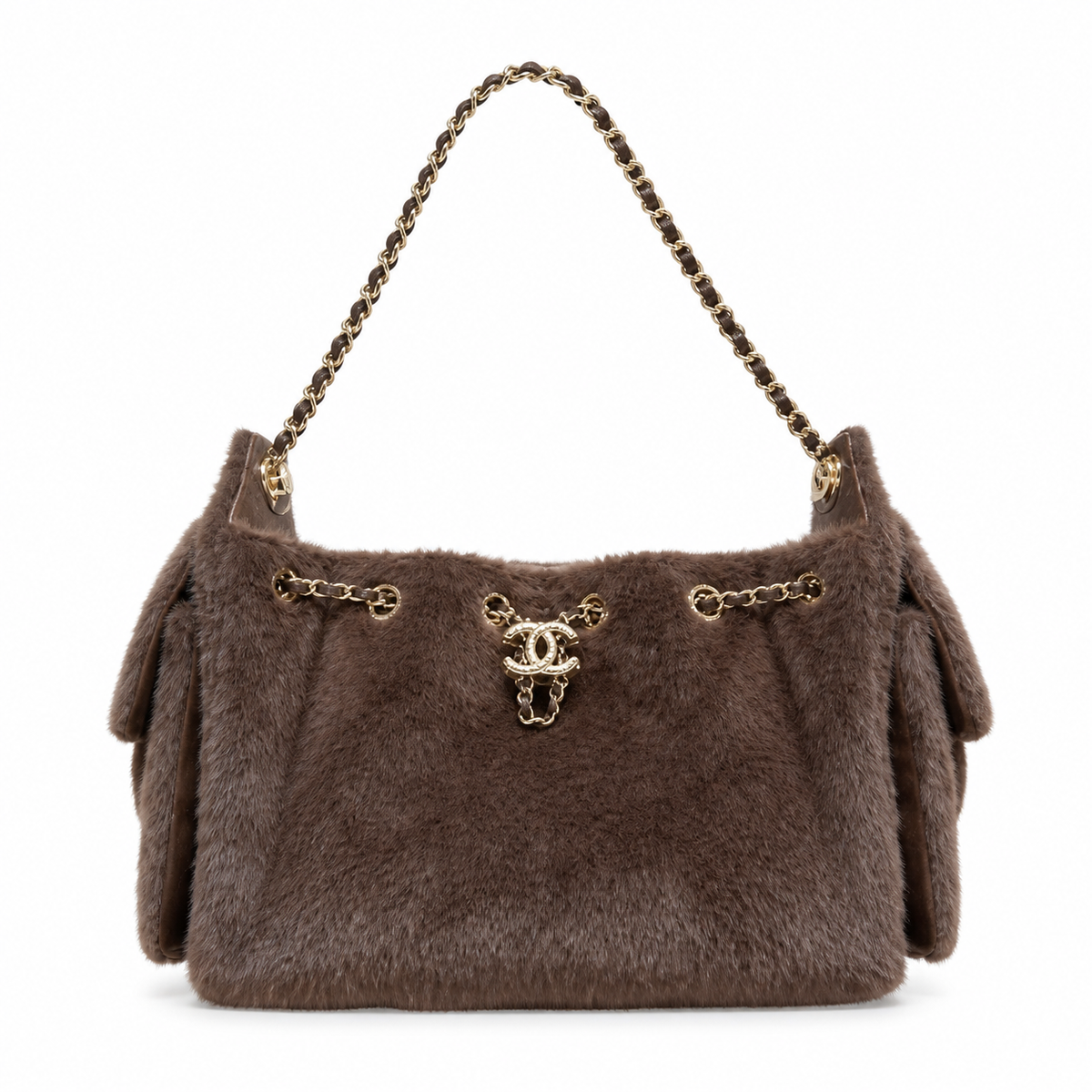 Chanel Brown Faux Fur Drawstring Bucket Bag Gold CC Logo Chain