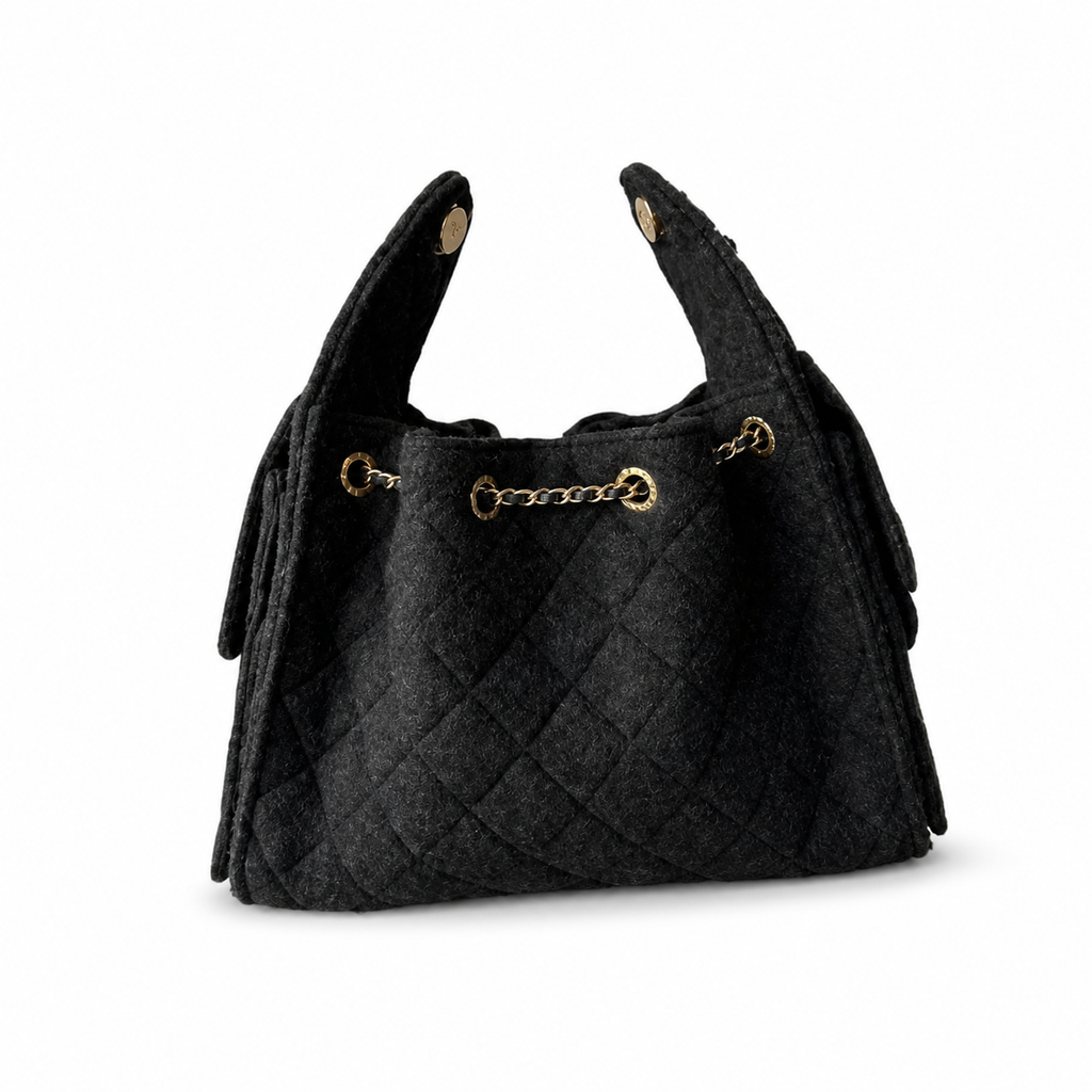 Chanel Black Tweed Drawstring Bucket Bag Aged Gold CC Chain Large 30cm