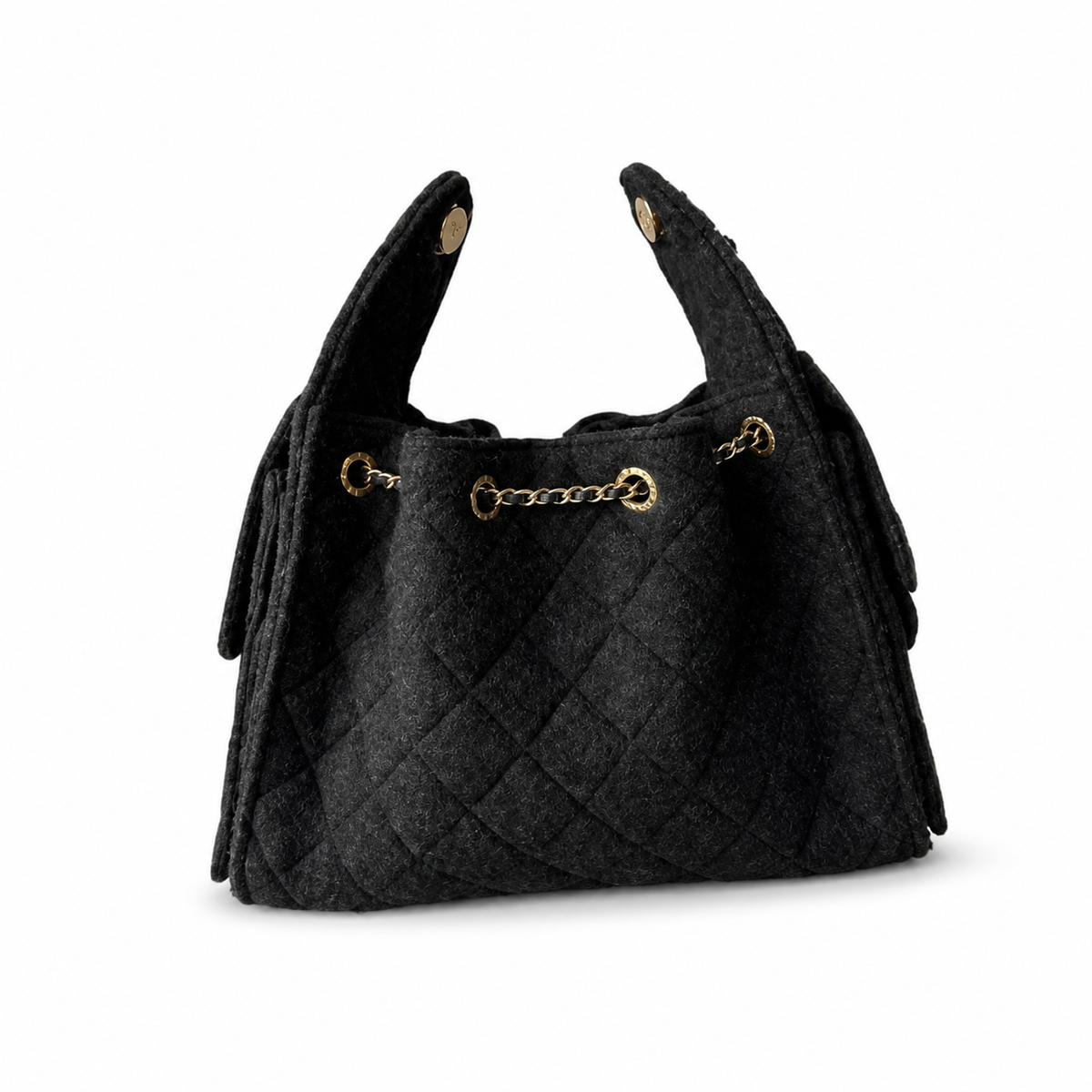 Chanel Black Tweed Drawstring Bucket Bag Aged Gold CC Chain Large 30cm