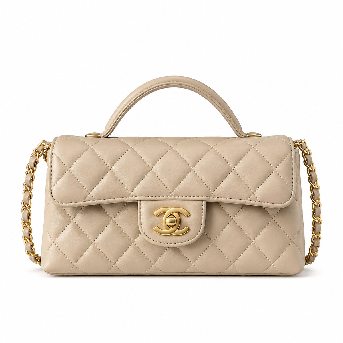 Chanel Classic Flap Bag – Beige Quilted Lambskin, Gold Hardware (12×22×6cm)