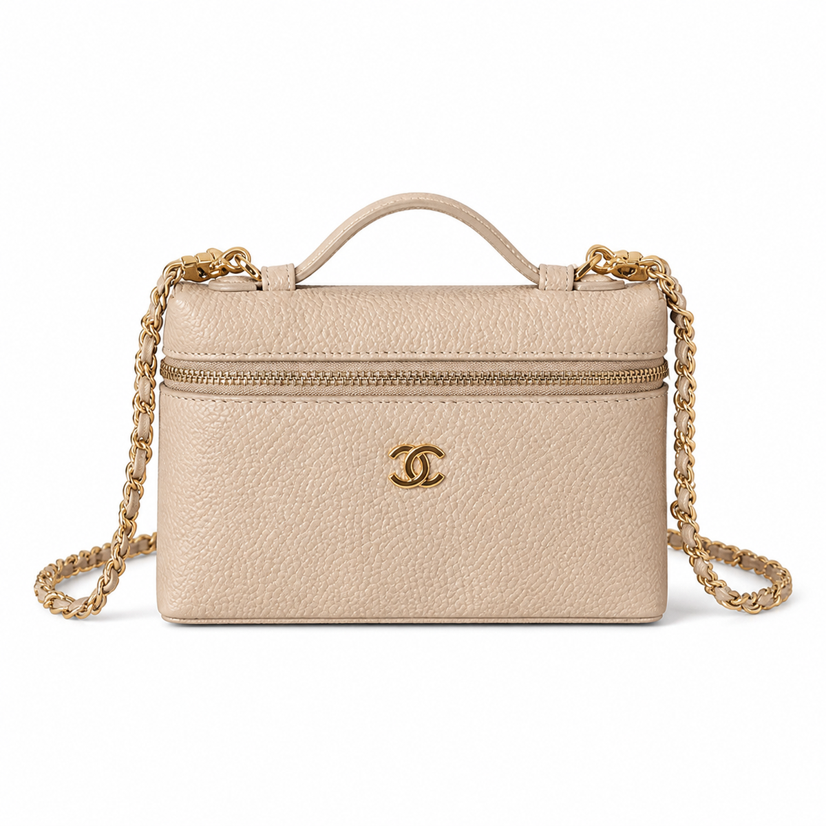 Chanel Cream Pebbled Leather Mini Top Handle Crossbody Bag Gold Chain