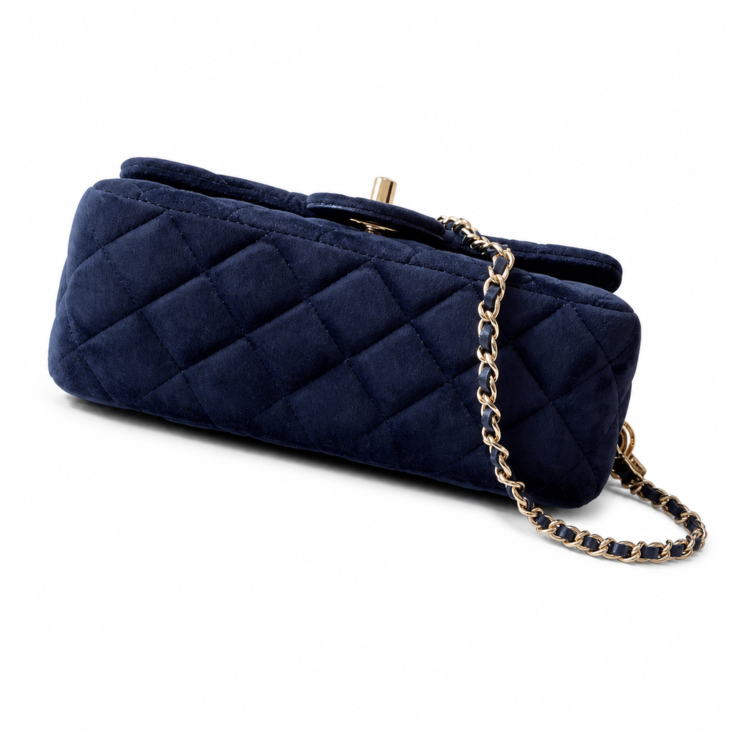 Chanel Pearl Crush Mini Square Flap Bag Navy Blue Velvet Gold Pearl Chain 18cm