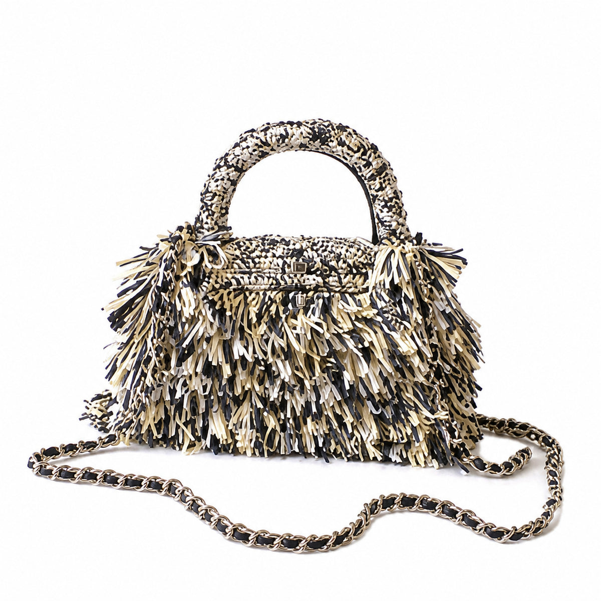 Chanel Black White Raffia Fringe Flap Bag Tortoiseshell CC Chain Cruise