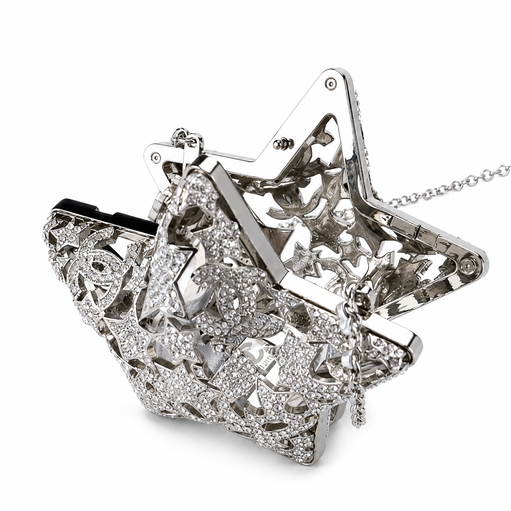 Chanel Silver Crystal Pavé Star Minaudière Evening Bag | CC Filigree | Gunmetal | 13cm