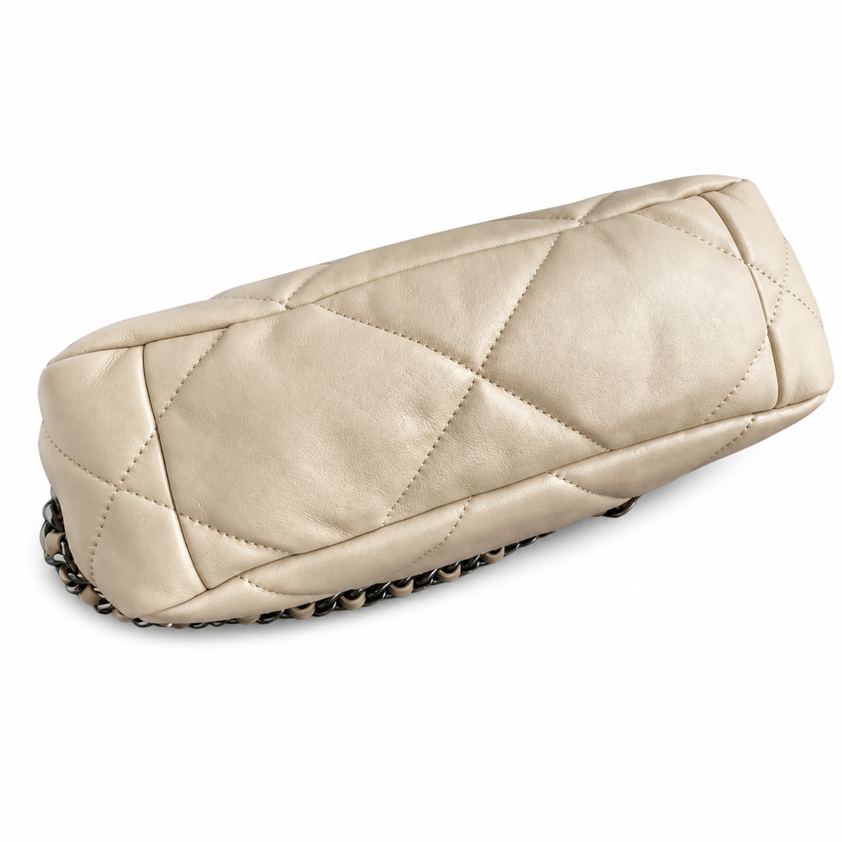 Chanel 19 Large Flap Bag Beige Cream Quilted Lambskin Mixed Metal Chain CC Turn-Lock 26cm
