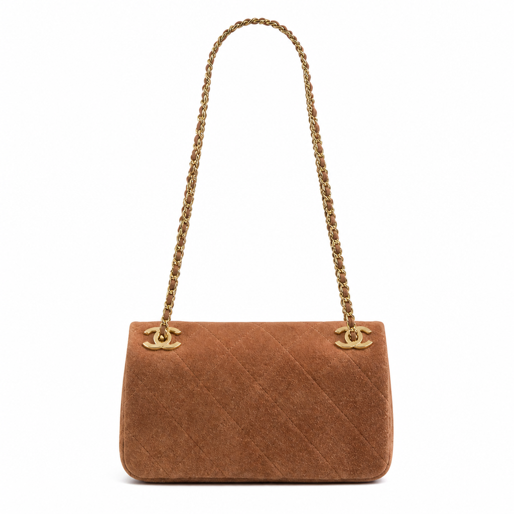 CHANEL Caramel Brown Quilted Suede Classic Flap Bag Dual CC Chain