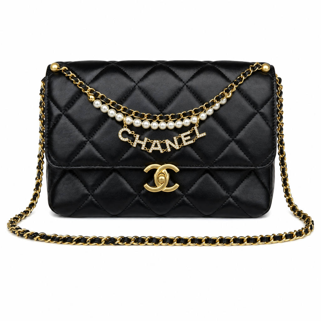 Chanel Quilted Flap Bag | Pearl Chain Crystal Letter Charm Gold CC Black — 23x15cm