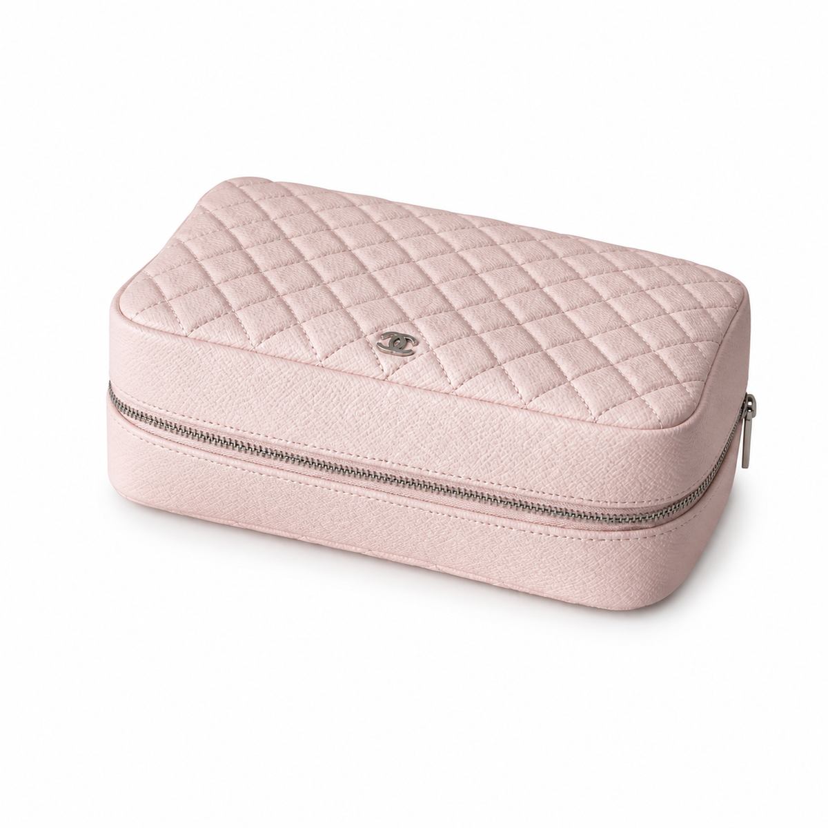 Chanel Light Pink Caviar Quilted Zip-Around Square Vanity Case Silver Zipper Silver Hardware 21cm