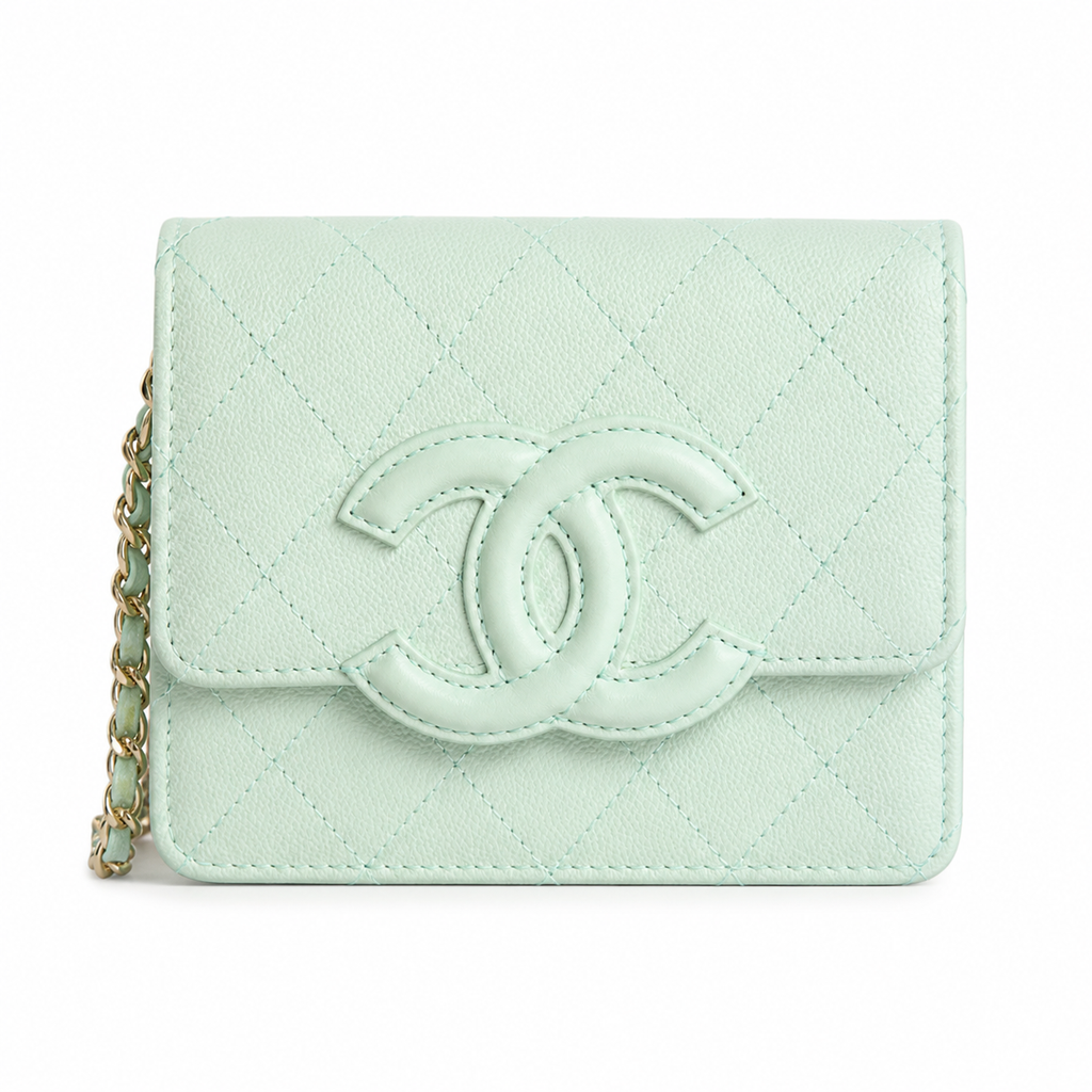 Chanel CC Filigree Wallet on Chain WOC Mint Green Quilted Leather Gold Chain Crossbody 19cm