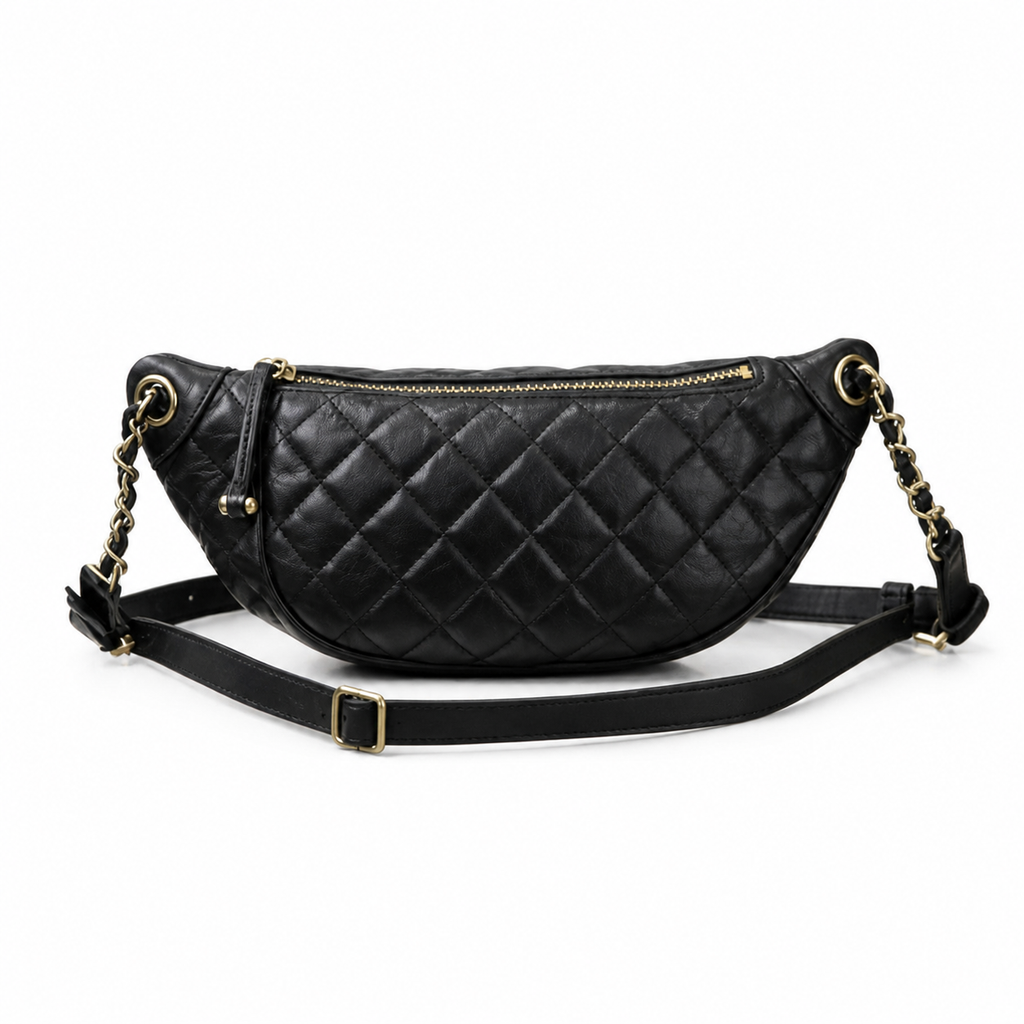 Chanel Vintage Quilted Black Leather Belt Bag Waist Bag CC Charm Double Zip Gold Chain Crossbody 34cm