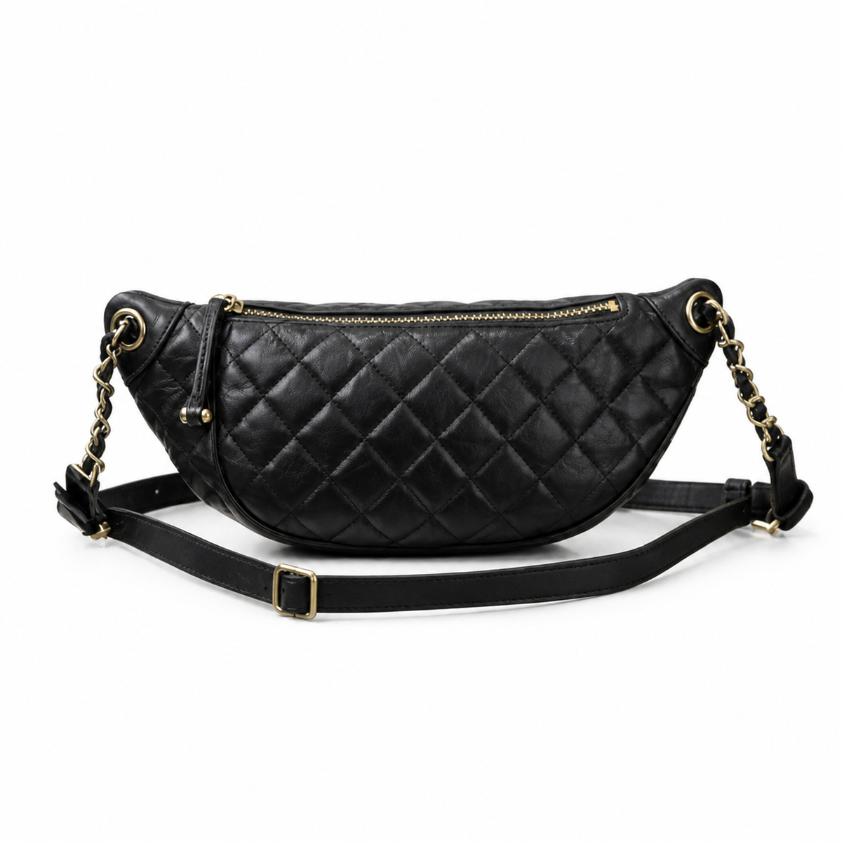 Chanel Vintage Quilted Black Leather Belt Bag Waist Bag CC Charm Double Zip Gold Chain Crossbody 34cm