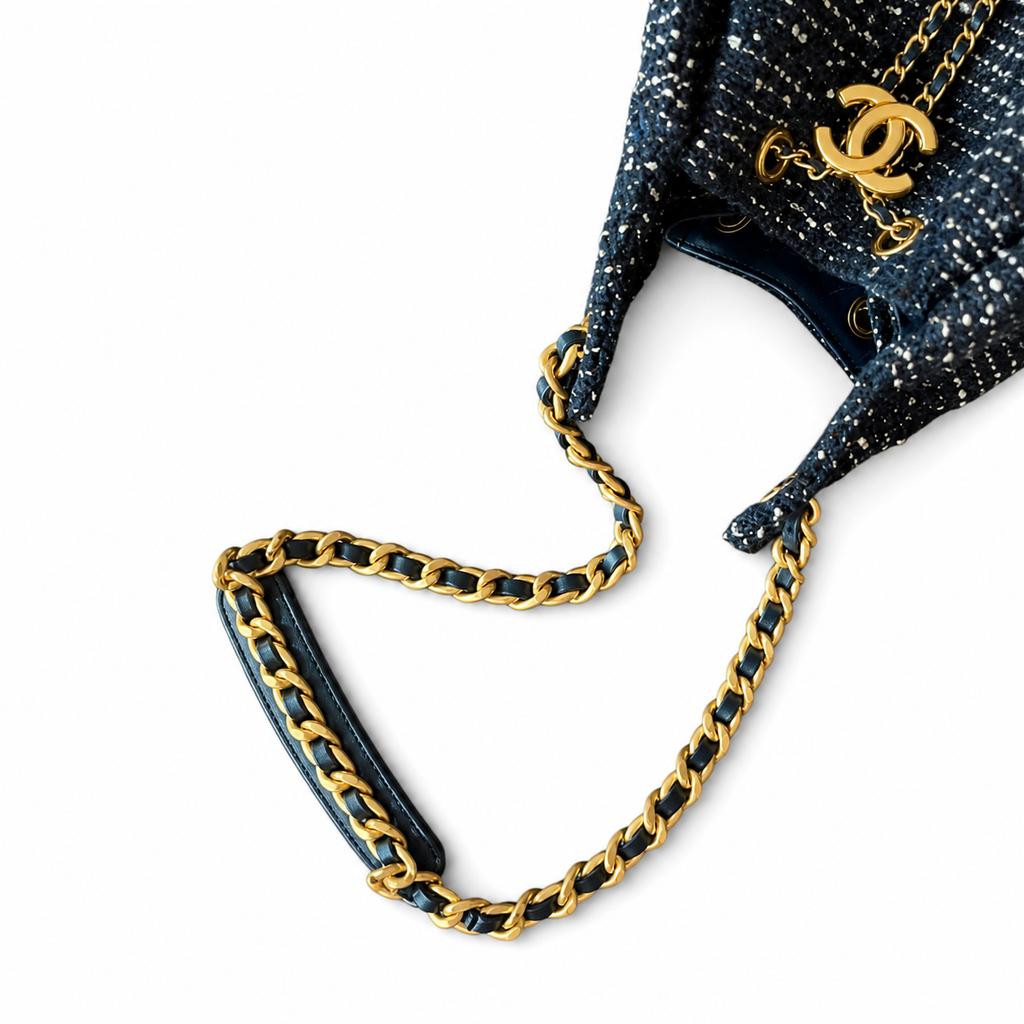 Chanel Navy Sequin Tweed Drawstring Bucket Bag Gold Chain