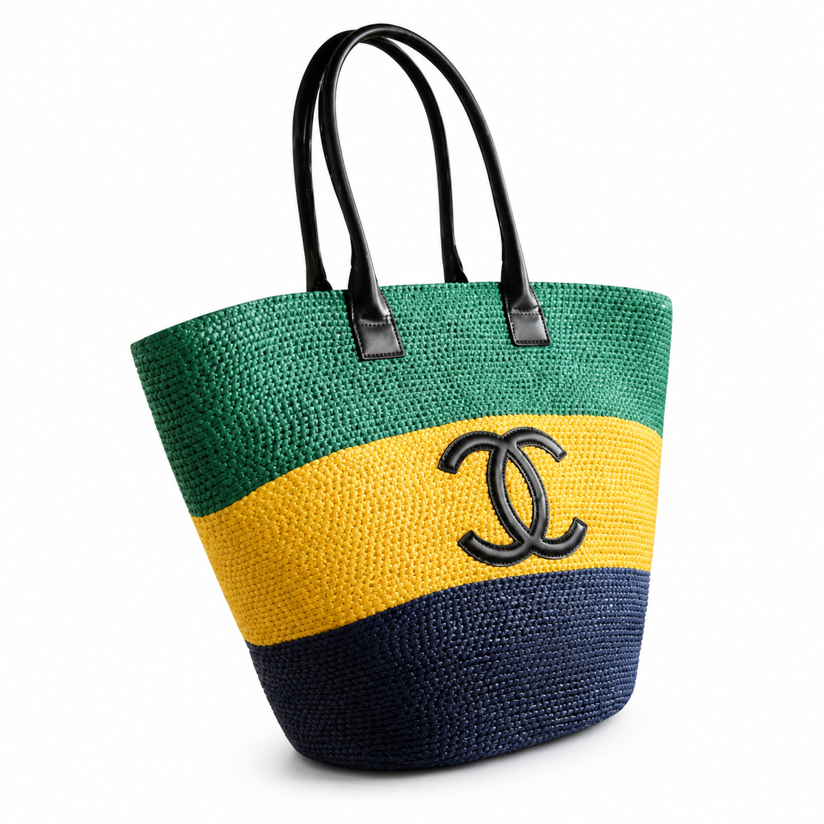 Chanel Beach Tote Bag | Tricolor Woven Raffia Green Yellow Navy CC Logo Black Leather Handles | 58cm