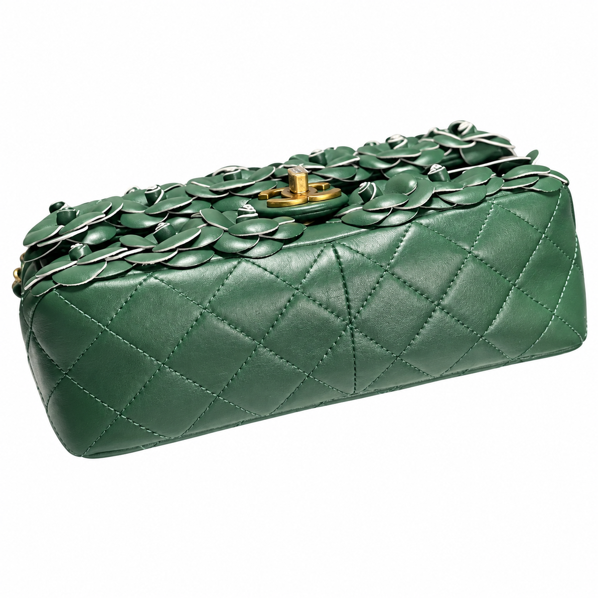 CHANEL Forest Green Camellia Pearl Appliqué Quilted Lambskin Flap Bag