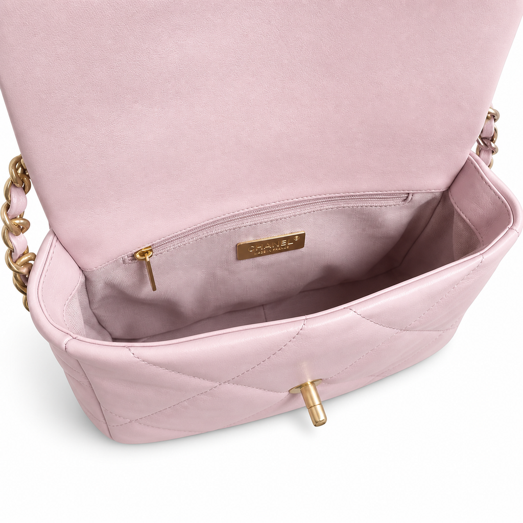 Chanel 19 Large Flap Bag Pearl Pink Quilted Lambskin Mixed Metal Chain CC Turn-Lock 26cm