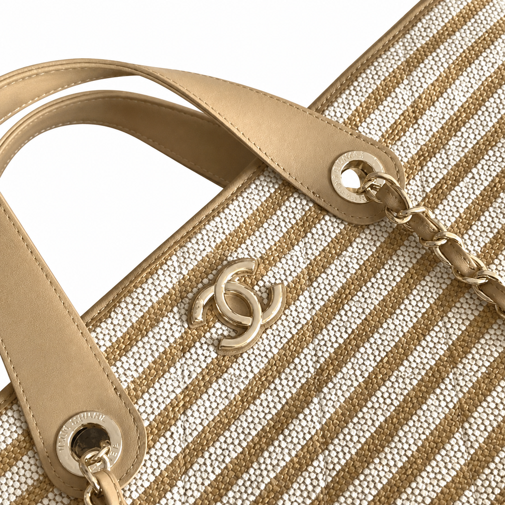 Chanel Beige Stripe Woven Large Shopping Tote | Gold CC | Leather Handles & Chain Strap | 25×46×13cm