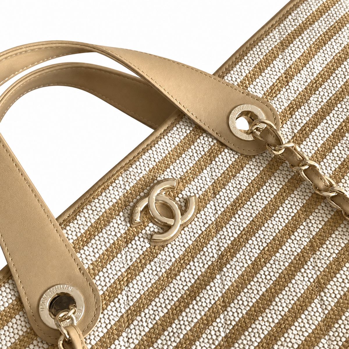 Chanel Beige Stripe Woven Large Shopping Tote | Gold CC | Leather Handles & Chain Strap | 25×46×13cm