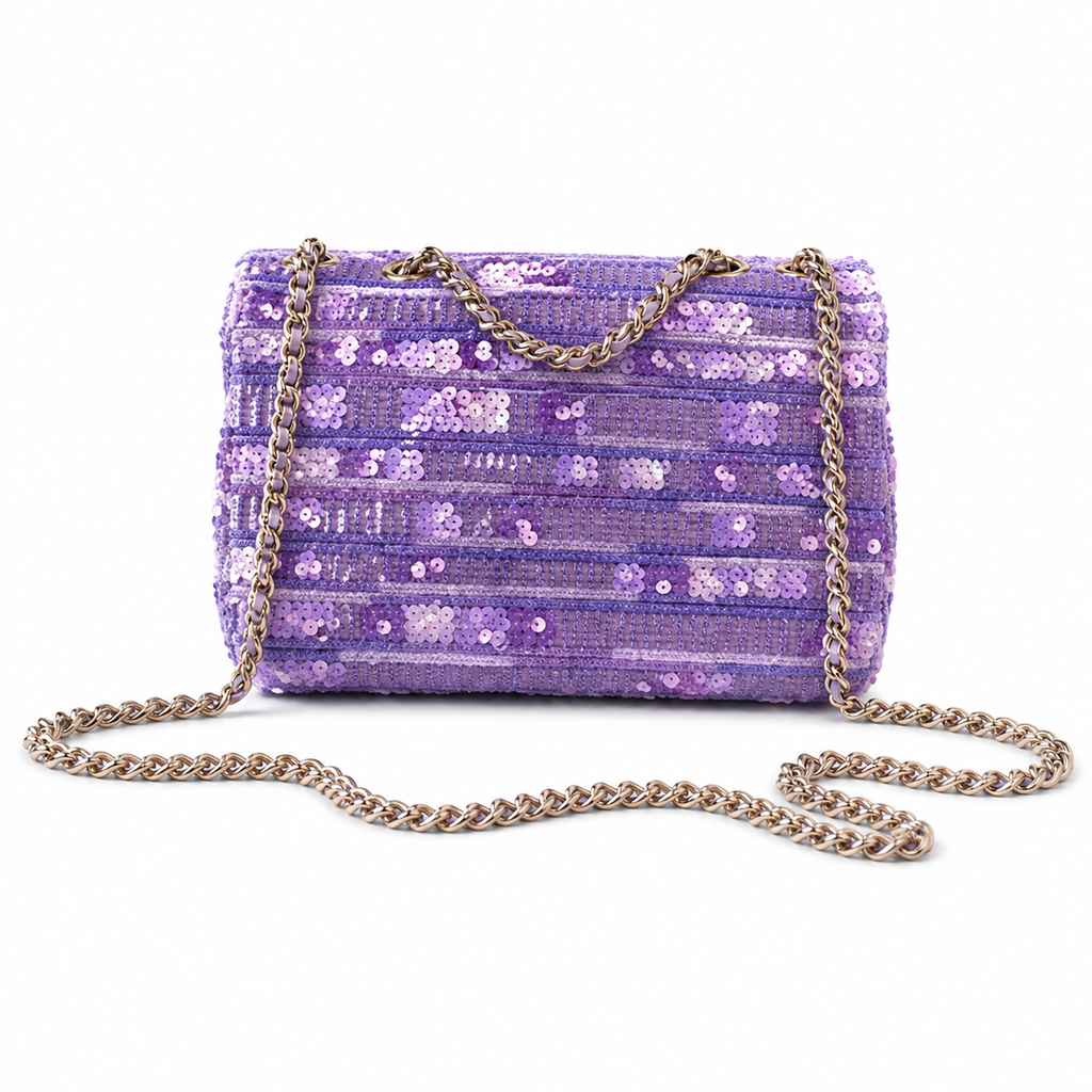 CHANEL Lavender Purple Sequin Embroidered Striped Classic Flap Bag Silver