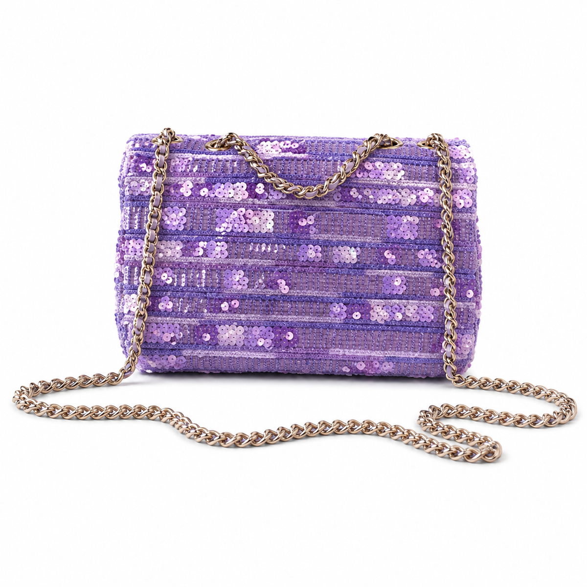 CHANEL Lavender Purple Sequin Embroidered Striped Classic Flap Bag Silver