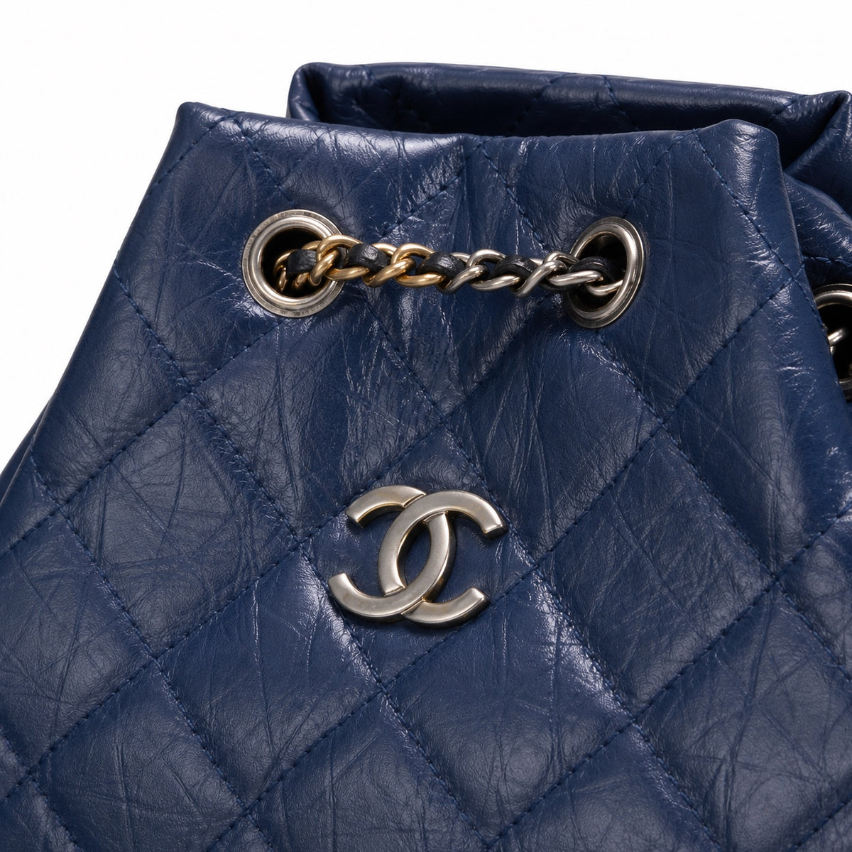 Chanel Gabrielle Backpack Navy Blue Aged Calfskin Black Patent Base Mixed Metal Hardware Drawstring Chain 24cm