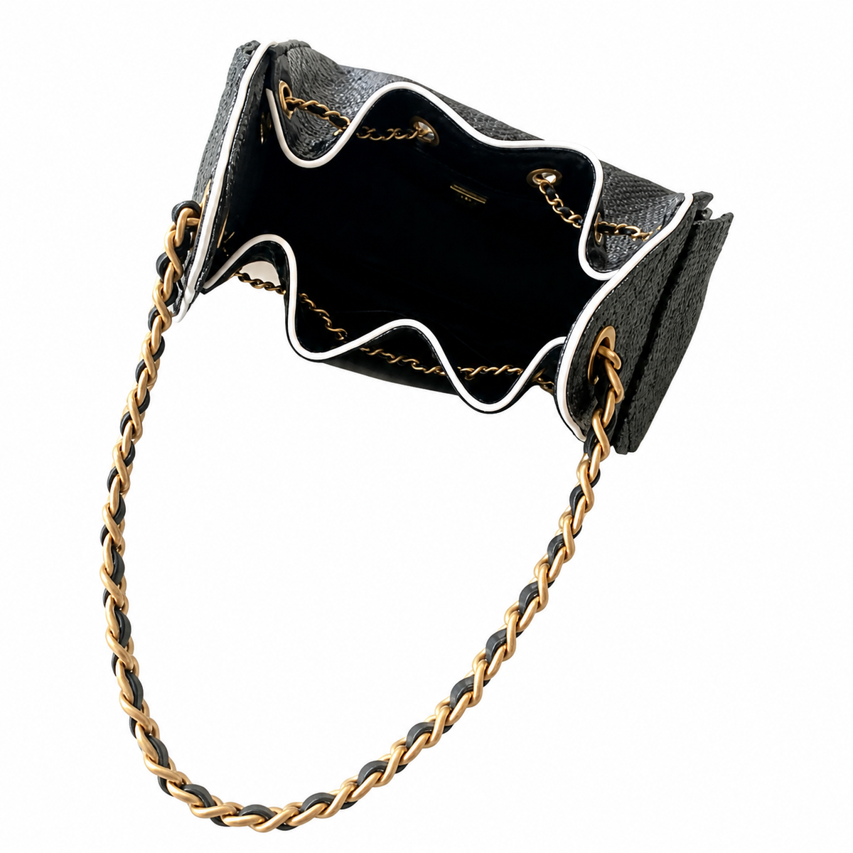 CHANEL Drawstring Bucket Bag – Black Caviar Leather White Trim Gold CC Chain 26×13.5×30cm