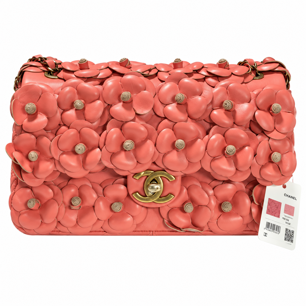 CHANEL Coral Pink Camellia Leather Appliqué Flap Bag Gold Chain