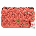 CHANEL Coral Pink Camellia Leather Appliqué Flap Bag Gold Chain
