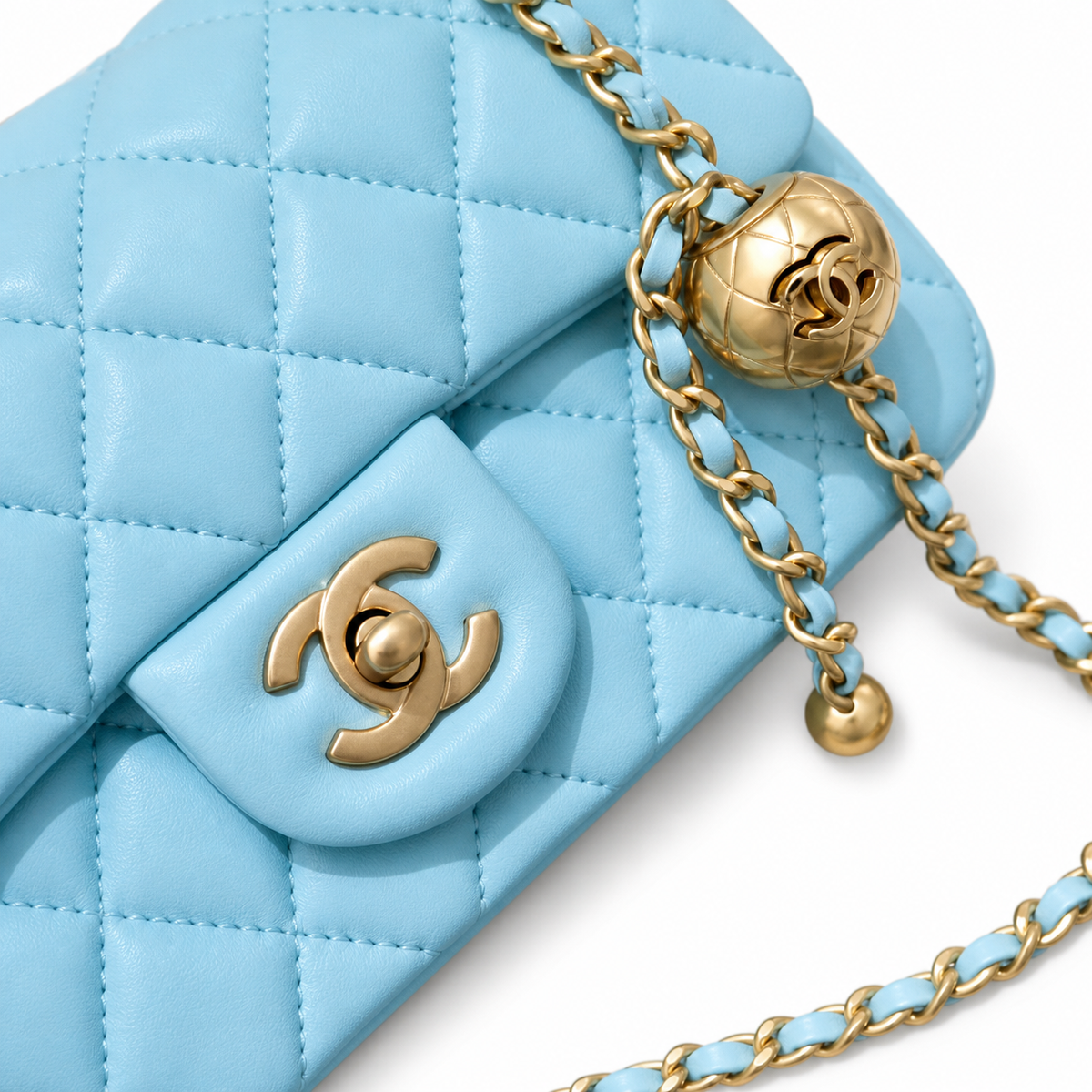 Chanel Pearl Crush Mini Rectangle Flap Bag Sky Blue Lambskin Gold Pearl Chain 20cm