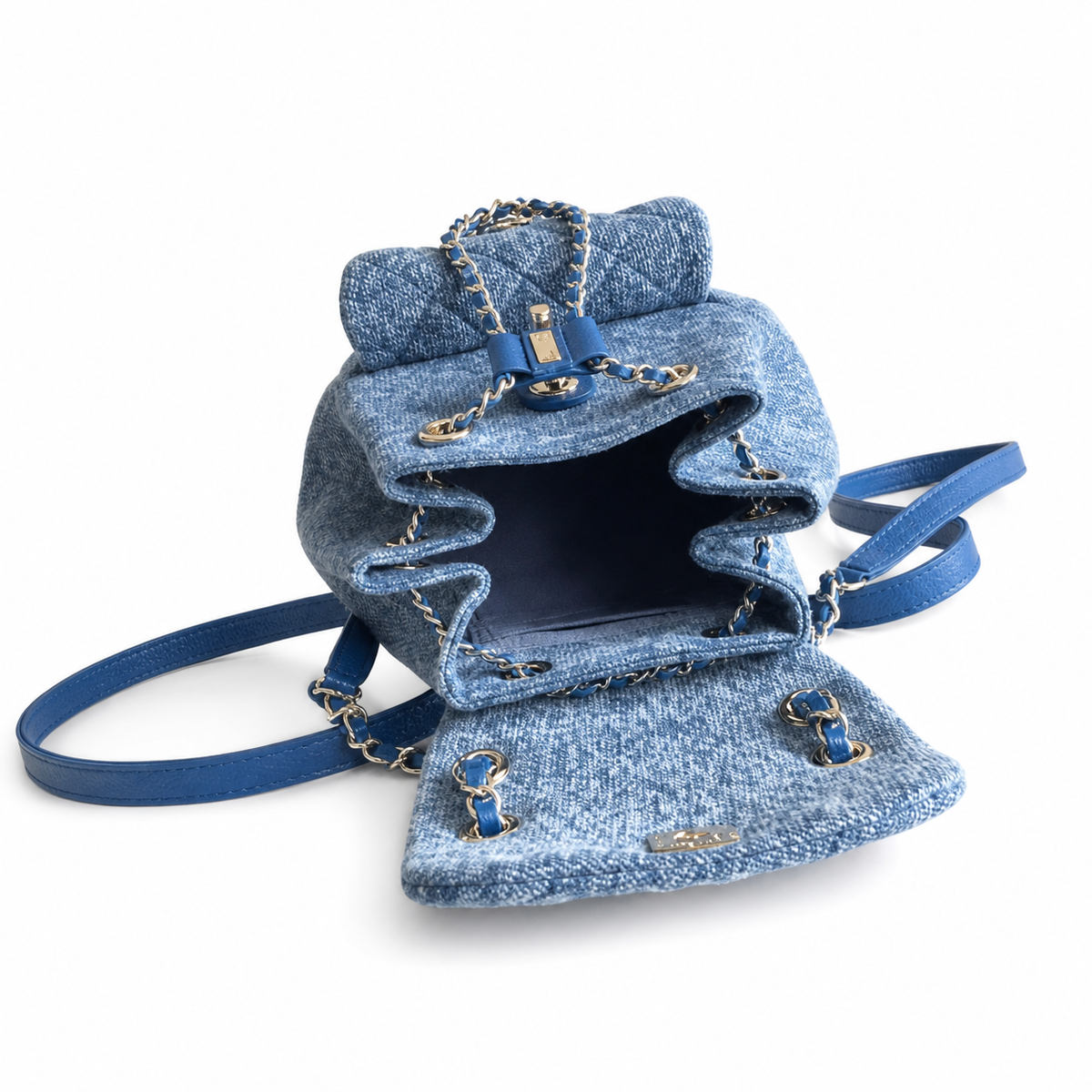 Chanel Blue Denim Quilted Duma Backpack | Gold CC Turn-Lock | 18×18×12cm