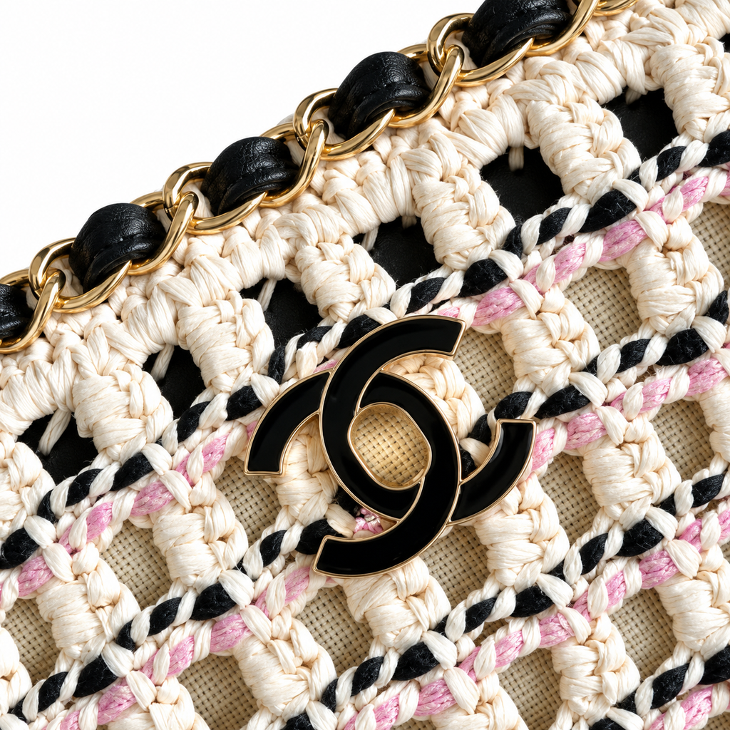 Chanel Black & White Woven Tweed Shopping Tote Bag | Gold CC Chain Handles | 28×20×13cm