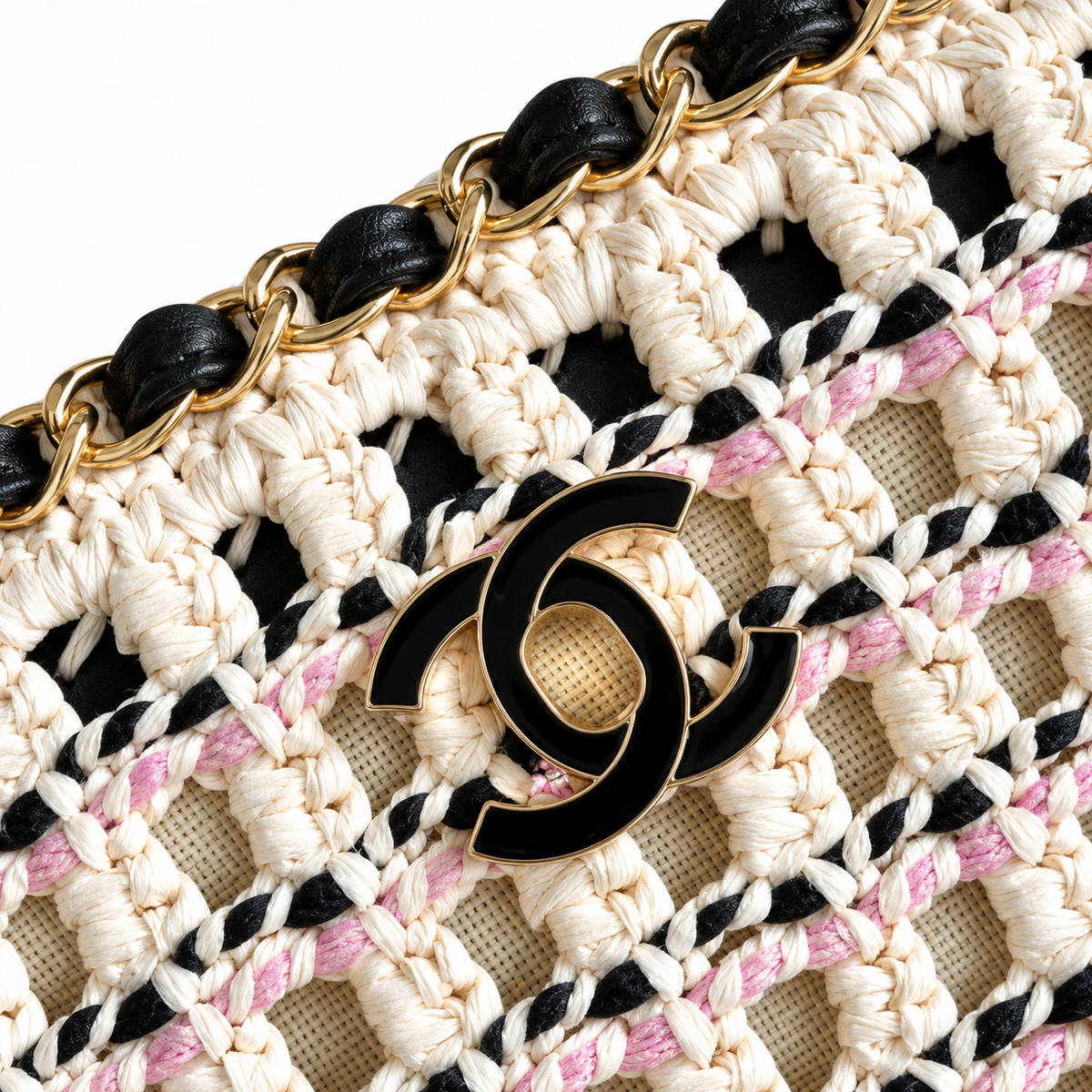 Chanel Black & White Woven Tweed Shopping Tote Bag | Gold CC Chain Handles | 28×20×13cm