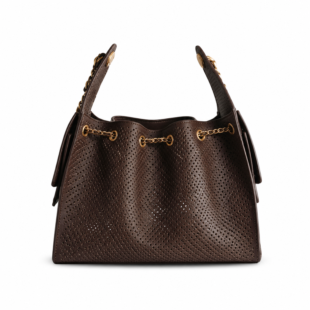 Chanel Perforated Leather Large Shoulder Bag Dark Brown Aged Gold CC Hardware 30cm