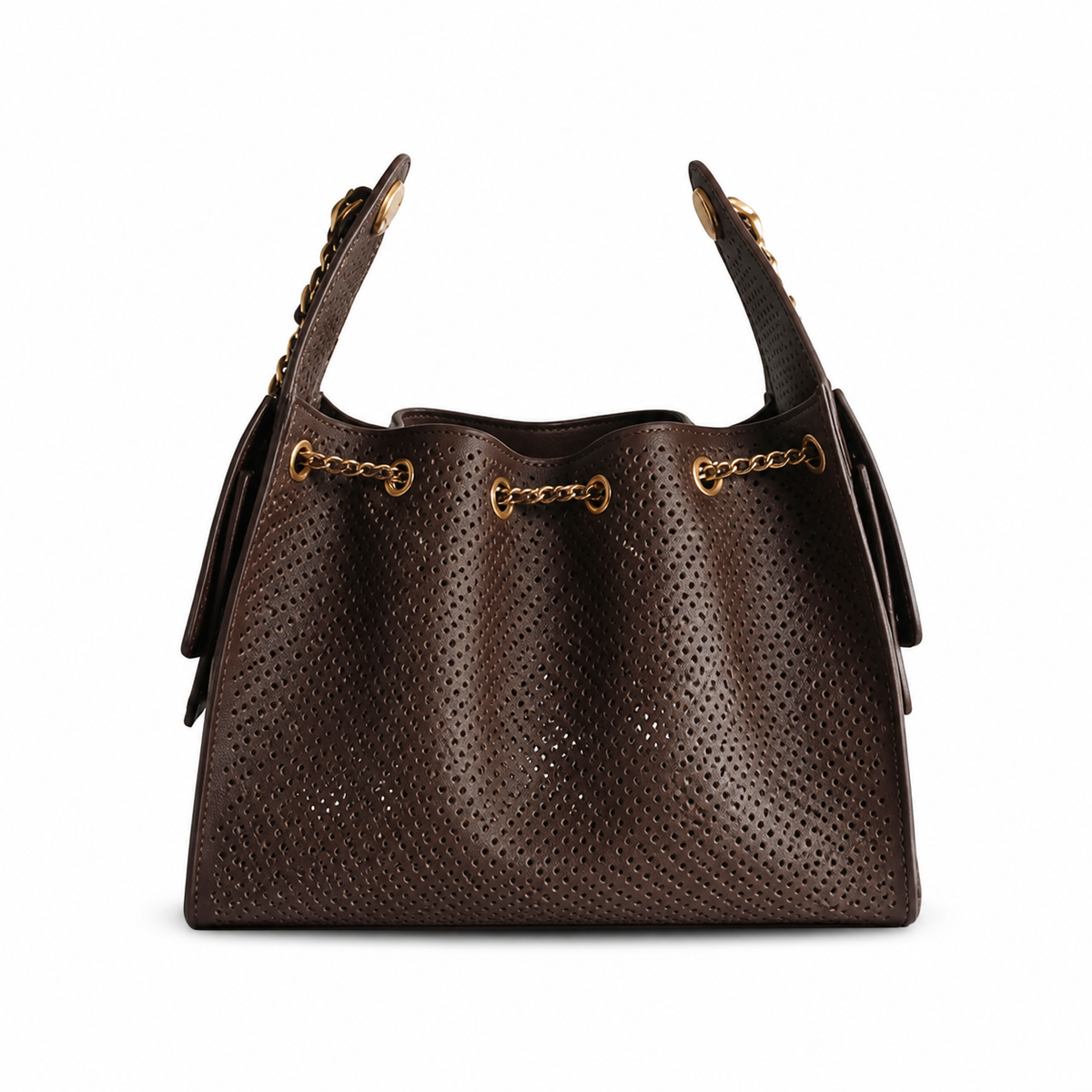 Chanel Perforated Leather Large Shoulder Bag Dark Brown Aged Gold CC Hardware 30cm