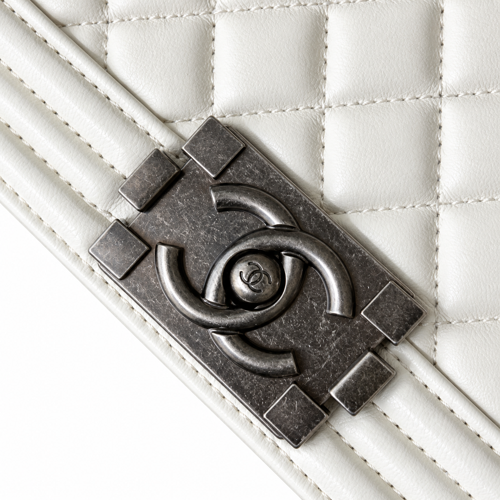 Chanel Boy Bag Small White Smooth Lambskin Ruthenium Silver Chain CC Push-Lock 20cm