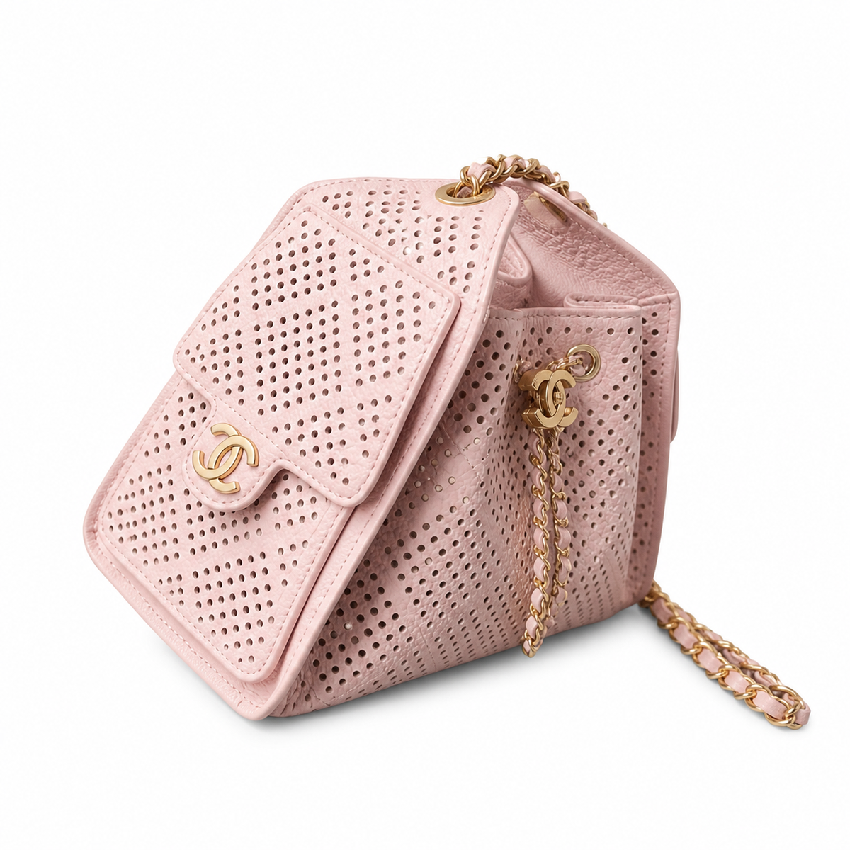 Chanel Pink Perforated Leather Drawstring Bucket Bag Gold Chain