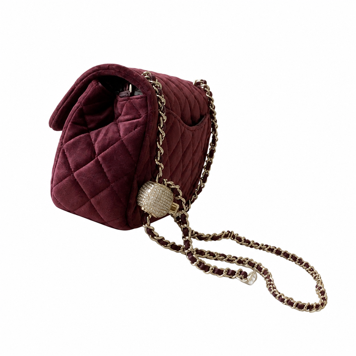 Chanel Pearl Crush Mini Square Flap Bag Burgundy Velvet Crystal Pearl Ball Chain 18cm