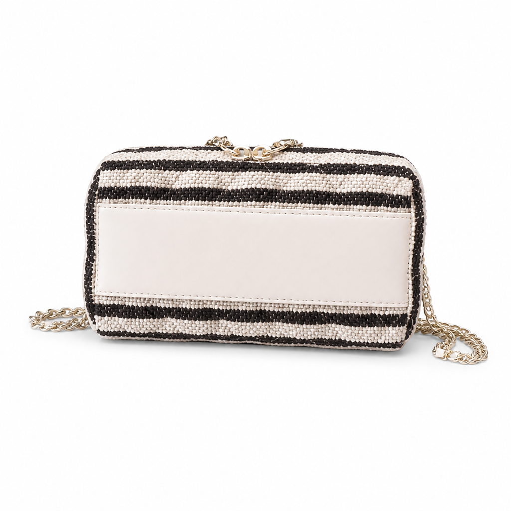 Chanel Black White Striped Woven Raffia Bowling Bag Gold Chain Strap CC Zip Pull Cream Leather Trim 18.5cm
